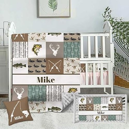 Custom Name Crib Bedding Set for Baby Boys, Personalized 3 Piece Hunting Them Baby Crib Sets, Minky Dotted Backing Blanket, Fitted Sheet, Pillowcase, Nursery Crib Set for Newborn Toddler Infant