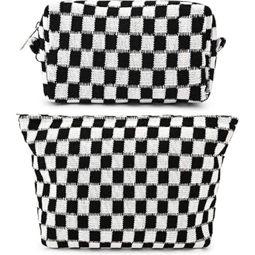 SOIDRAM 2 Pieces Black Makeup Bag Large Checkered Cosmetic Bag Capacity Canvas Mix Travel Toiletry Bag Organizer Cute Makeup Brushes Aesthetic Accessories Storage Bag for Women, Checkered Mix Black
