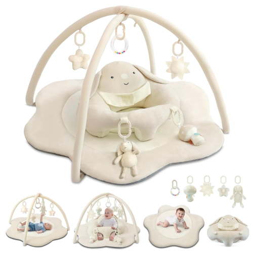 Baby Gym Play Mat, Sitting-up Babies Seats for Infants,with 5 Detachable Toys, Infant Toddler Activity Tummy Time Playmats for Newborn 0-12 Months, Beige