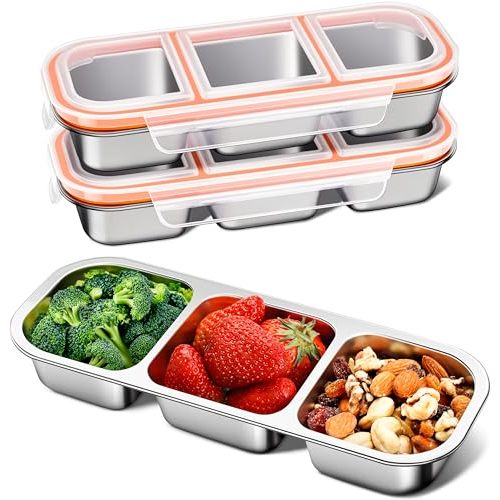3 Pack Stainless Steel Snack Containers for Kids & Adults - Leek Proof Metal Bento Lunch Box with 3 Compartment - Lunchable Containers for Daycare, School, Work, Travel - Stackable Bento Snack Box