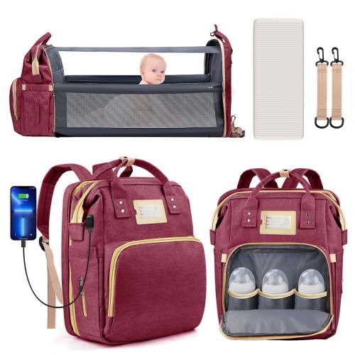Diaper Bag Backpack, Multifunctional Baby Changing Bag with Foldable Crib & Insulated Milk Bottle Pocket, Large Capacity Travel Backpack with USB Charging Port & Stroller Strap (Red)