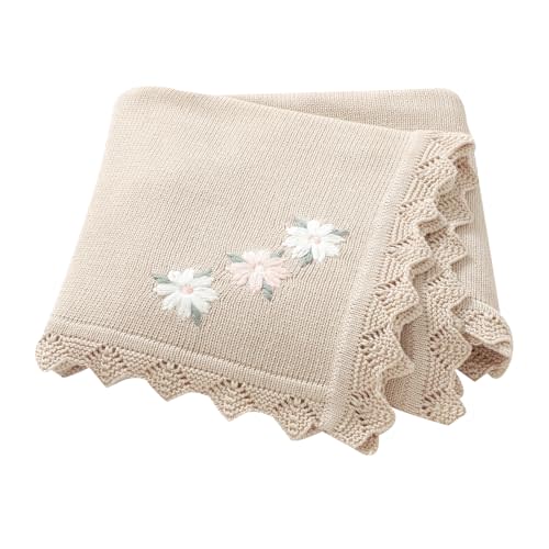 LAWKUL Baby Blanket 100% Traceable Cotton Knit Receiving Blankets Infant Swaddle for Newbron Boy Girls 40"x30" Beige Floral