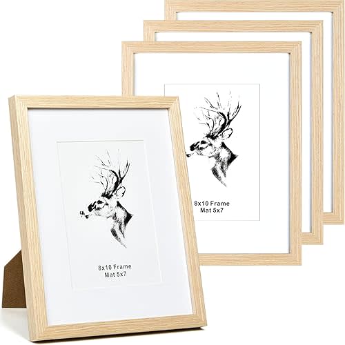 Yaetm 8x10 Picture Frame Matted to 5x7 Set of 4, Natural Solid Oak Wood 8x10 Frames with Tempered Glass for Wall Gallery, Home and Office, Display on Tabletop or Wall Mounting (4 Pack, Oak)