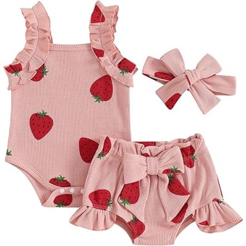Kaipiclos Cherry Baby Outfit Newborn Infant Girl Clothes Rib Knit Romper & Shorts Waffled Baby Clothes for Girls 0 3 6 12 18M