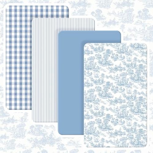 Peryiter 4 Pack Crib Sheets Blue Toile Soft Baby Bed Sheet Set 52'' x 28" Nursery Crib Sheets for Standard Bed Toddler Mattress Nursery Decor Boys Girls Kids Baby