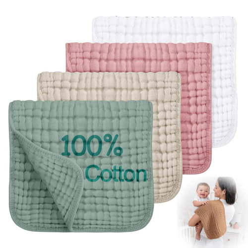Asunby Muslin Burp Cloths 20" x 10", Pack of 4 - Large, 6-Layer, Ultra Absorbent 100% Cotton for Baby Drool and Messes - Soft, Safe & Gentle Baby Burp Cloths for Boys & Girls - Multi