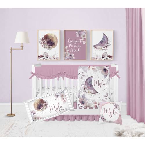 Baby Girl Crib Bedding Set, Moon and Stars Crib Bedding, Moon Stars Nursery, Purple Crib Bedding, Floral Crib Sheets Girl, Personalized Baby
