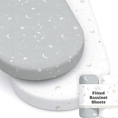 Baby Bassinet Sheets for Boy, Girl (Galaxy, Moon and Stars) 2-Pack - Fitted Bedside Bassinet Sheets - Buttery Soft Cotton Blend for Standard Mattress Pad - Compatible with Halo BassiNest