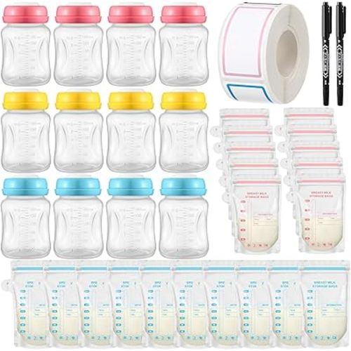 12 Pack Breast Milk Storage Bottles 6oz 180ml with 60 Pieces Breastmilk Storage Bags, Reusable Wide Neck Breast Pump Bottles with 250 Pieces Handwriting Stickers and 2 Marker Pens