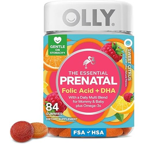 OLLY Essential Prenatal Gummy Multivitamin, Folic Acid, Vitamin D, Omega 3 DHA, Supports Healthy Growth and Brain Development, Citrus Berry - 84 Count