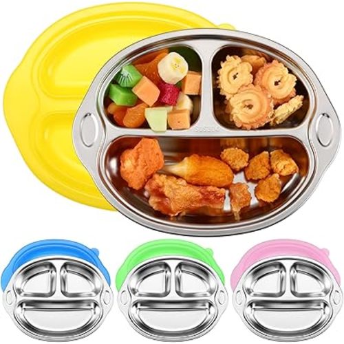 Layhit 4 Pcs Stainless Steel Baby Plates Divided Kids Diet Control Dinner Cute Unbreakable Toddler Plates with Lids for Baby Snack Dinner Lunch Camping Serving Dishes(Monkey)