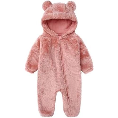 Baby Furry Jumpsuit Infant Bear Onesies Zipper Long Sleeve One-Piece Romper Hoodie Baby Outwear Snowsuit