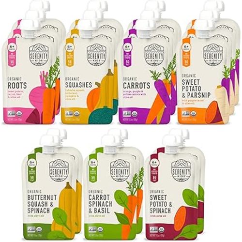 Serenity Kids 6+ Months Certified Organic Baby Food Pouches Veggie Puree Variety Pack 18 count- No Sugary Fruits/Added Sugar - Allergen Free - 3.5 Ounce BPA-Free Bag - Variety Pack - Baby Food Veggies Puree