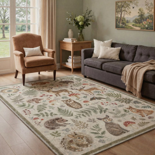 Bungalow Rose Aarna Woodland Rustic Animals Beige&Brown / Navy / Light Blue Area Rug, Washable Kids Rug with Non-Slip Backing | Wayfair