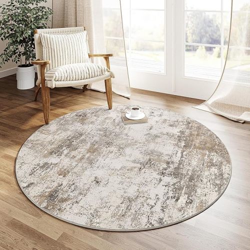 5x5 Washable Round Rug Brown Grey Neutral Abstract Living Room Bedroom Non Slip Low Pile Area Rug Office Entryway Indoor Doormat Soft Carpet for Entrance Bathroom Kitchen