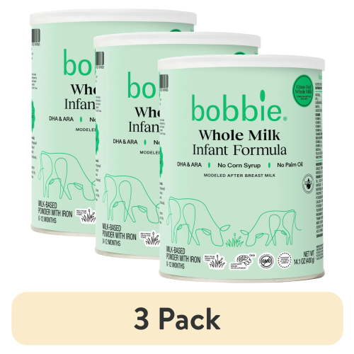 (3 pack) Bobbie Whole Milk Infant Formula for Everyday Feeding, Milk-Based Powder with 1.2mg Iron, Organic Grass-Fed Whole Milk Recipe, 14.1 oz Can