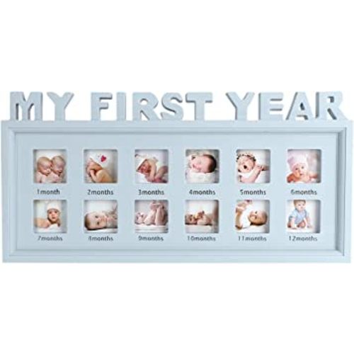 My First Year Picture Frames Baby Moments Keepsake Photo Frame Newborn Infant Collage Frame Boys Girls Shower Gift Wall Hanging 12 Month Frame for Room Wall Nursery Décor Elegant White Natural Wood