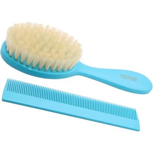 Parcelona French Grooming Combo White Blue and Brown 6” Celluloid Soft Natural Silk Bristles Baby Brush and Comb for Girls and Toddlers (Turquoise Blue)