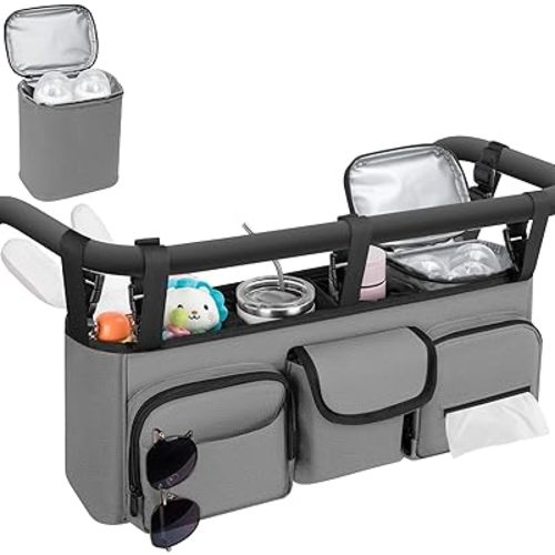 Double Stroller Organizer Compatible with Bob Duallie and Baby Jogger City Mini GT2, Double Baby Stroller Accessories with Cooler Bag, Parent Console Double Jogging Stroller Caddy with Cup Holder