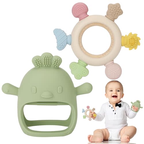 Socub 2 Pack Baby Teething Toys for Babies 0-6 Months, Olive | Silicone Teething Mitten and Wooden Ring Toy for Babies 6-12 Months, No Drop Teether Mitten Teether for Teething Relief