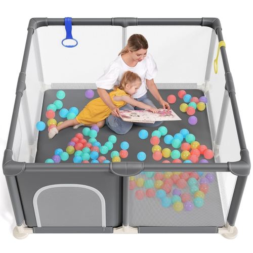 Baby Playpen 47×47 Inch, Small Playpen for Babies and Toddlers Playards Indoor & Outdoor Safety Gate Floor Play Pen, Baby Play Area with Soft Breathable Visible Mesh, Anti-Fall, Grey