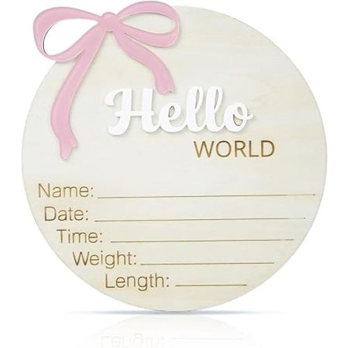 Baby Announcement Sign 6.5 Inch Wooden Hello World Newborn Welcome Sign Birth Baby Name Plaques for Photo Props Baby Shower Hospital Nursery (Bow)