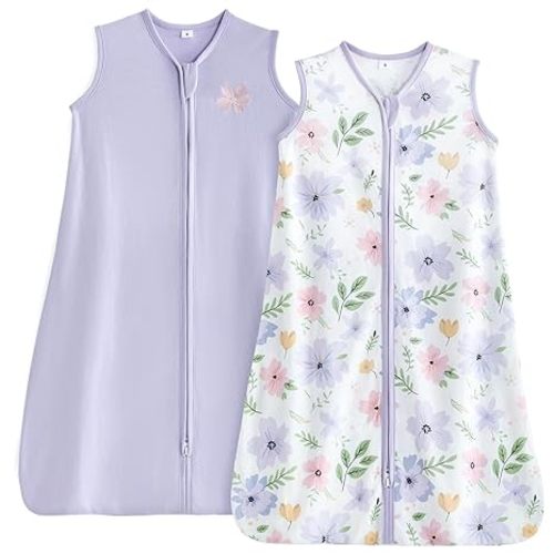 TILLYOU 2 Pack Baby Sleep Sack 6-12 Months 100% Cotton Wearable Blanket 0.5 TOG Sleeveless Summer Sleep Sacks with 2-Way Zipper, Brilliant Little Flowers and Purple
