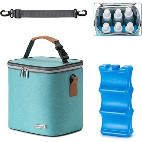 Breastmilk Cooler Bag with Ice Pack Fits 6 Baby Bottles Up to 9 Ounce, Baby Bottle Bag with Shoulder Strap for Nursing Mom Daycare, Aqua