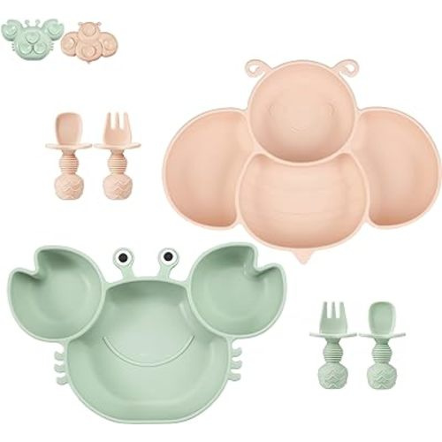 PandaEar 2 Pack Silicone Suction Plates for Toddlers Baby with 4 Spoons Self Feeding, Divided Unbreakable Toddler Plates with Suction, Baby Plates and Utensils Set, Baby Dishes, Green Crab & Pink Bee