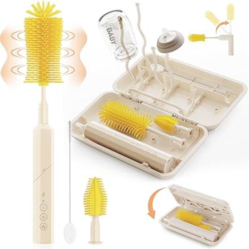 Electric Bottle Brush Cleaner,Baby Travel Essential Bottle Brush Set,6 in 1 Rechargable Folding Brush Set with Silicone Brush, Nipple Brush, Straw Brush, Drying Rack, Storage Box