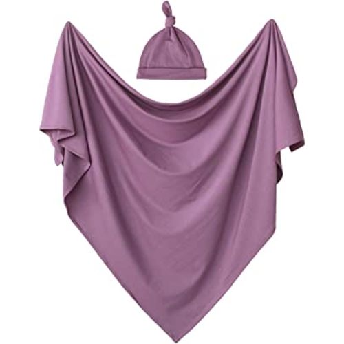 OWLOWLA Swaddle Blanket and Hat Set Newborn Swaddle Wrap Baby Receiving Blanket for Baby Boys Girls(Mauve)
