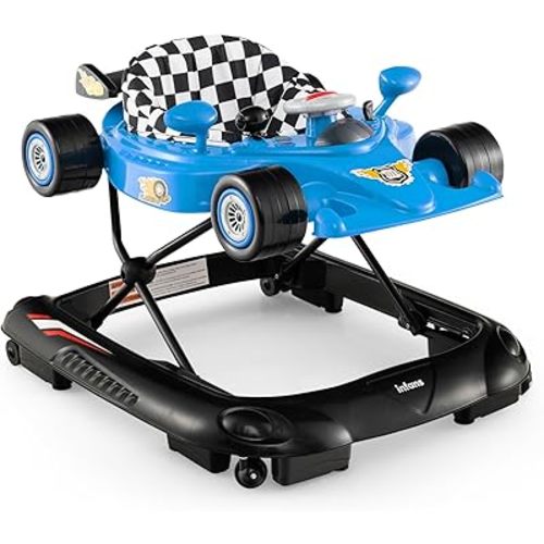 INFANS Foldable Baby Walker, 3 in 1 Toddler Activity Center Leaning-Seated Walk-Behind with Steering Wheel, Adjustable Height, Lights, Music, Washable Seat Cushion (Blue)