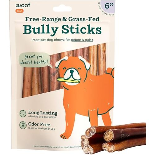 WOOF Bully Sticks Dog Treats - Chew Sticks for Dogs - Long-Lasting Dog Chew Treats - Made with Free-Range, Grass-Fed Beef - 6" Sticks - 10pk