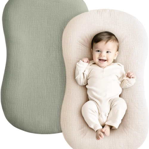 Konssy Muslin Baby Lounger Cover 2 Pack, 100% Cotton Newborn Lounger Cover, Soft and Breathable Lounger Cover for Boys Girls, Covers Only (Fog Green,Cream)