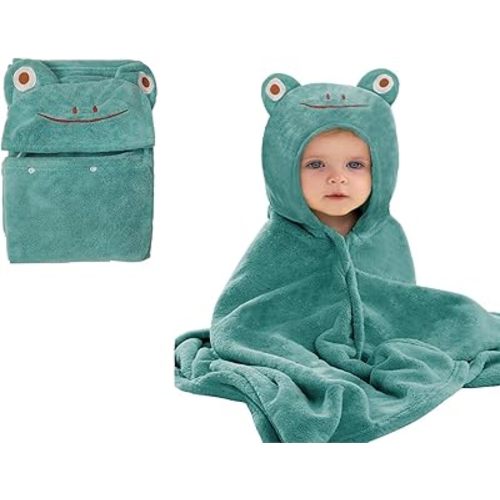 Toddler Bath Towel Baby Towels with Hood 27.5"X55" Ultra Absorbent Soft Bathrobe Blanket Kids Shower Towel for Girls and Boys(Greenish-Blue)