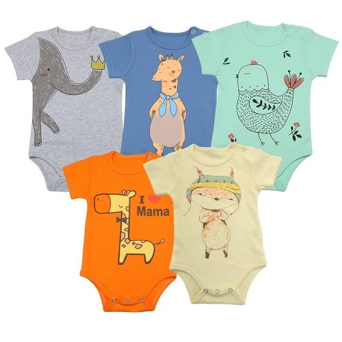 FLORNO Baby Bodysuits 5-Pack - 100% Pure Cotton Short Sleeve Rompers for Newborns and Infants, Unisex Baby Clothes