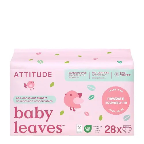 ATTITUDE Eco-Conscious Disposable Diapers, EWG Verified, Size 1/Newborn (< 9 lbs), Ultra Absorbent for Baby, Vegan & Plant-Based, 28 Count