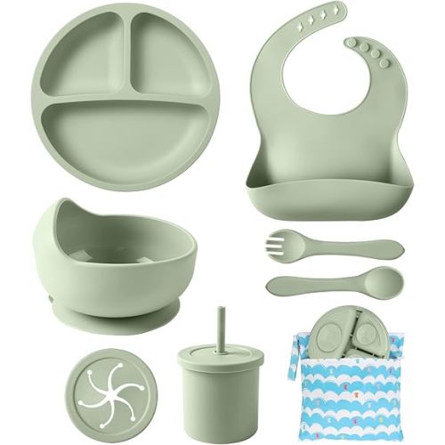 Silicone Baby Feeding Set, 10 Pcs Baby Led Weaning Supplies with Suction Bowl Divided Plate Adjustable Bib Soft Spoon Fork Snack Cup with Lid Drinking Cup, Utensil (Dark Green)