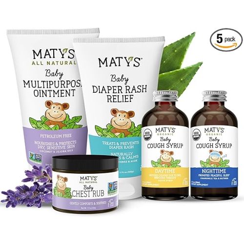 Matys Baby Essentials Kit, for Newborn Parents or Baby Registry Gift, All of Our Favorite Baby Care in One: Chest Rub, Multipurpose Ointment, Diaper Rash Relief, USDA Organic Baby Cough Syrups, 5 pcs