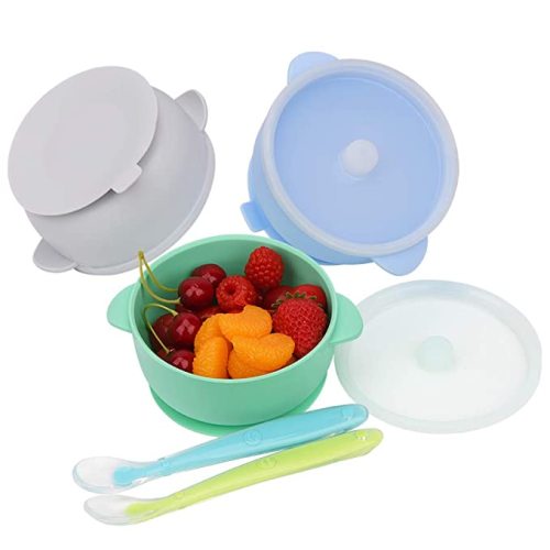 Baby Bowls, Best Suction Bowls for Baby Toddler self-Feeding, 100% Safe Leak-Proof Silicone Bowl with Lid, Disheasher & Micromave Safe (White & Green & Blue)