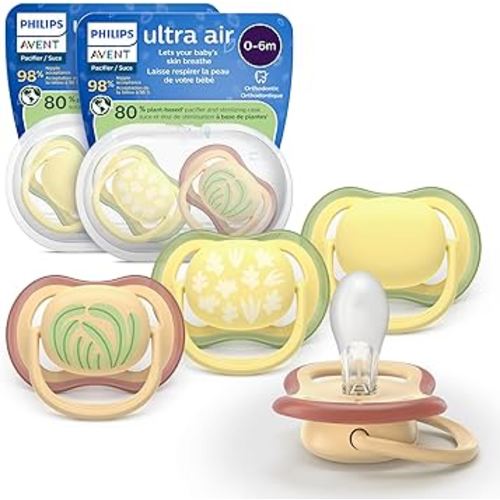 Philips Avent Ultra Air Pacifiers - Orthodontic Design, for Babies 0-6 Months, Soft Silicone Symmetrical Nipple, BPA-Free, 2 Sterilizing Cases, 4 Pack, SCF087/21