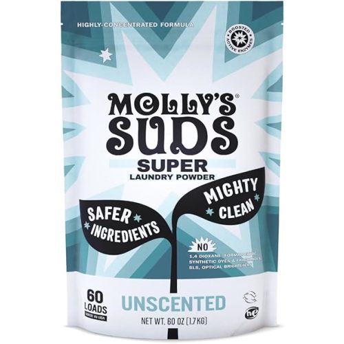 Molly's Suds Unscented Super Powder Detergent | Extra Strength Laundry Soap, Stain Fighting | Sensitive Skin | Simple, Effective Ingredients | 60 Loads