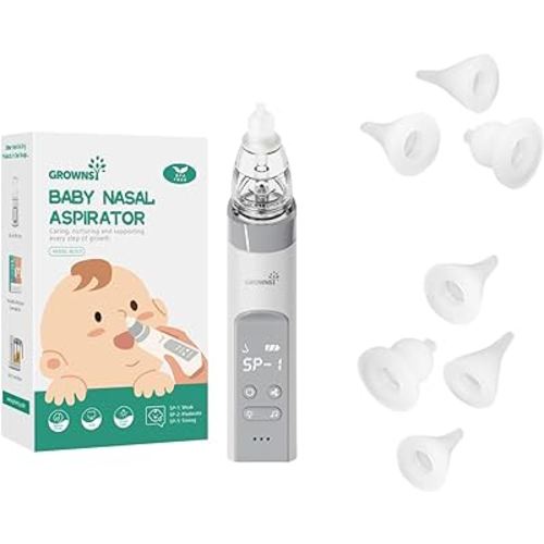Baby Nasal Aspirator Grey with 7 Food-Grade Silicone Replacement Nozzles, Nose Sucker for Baby, Automatic Nose Sucker for Infants, Rechargeable, with Music & Light Soothing Function