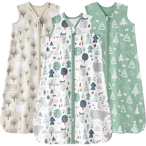 Baby Sleep Sack 6-12 months, 100% Cotton Sleeping Sack for Newborn and Infant, 3 Pack Baby Wearable Blanket for Boy and Girl, 0.5 Tog Lightweight Double Zipper Sleep Bag Green Apricot Bear