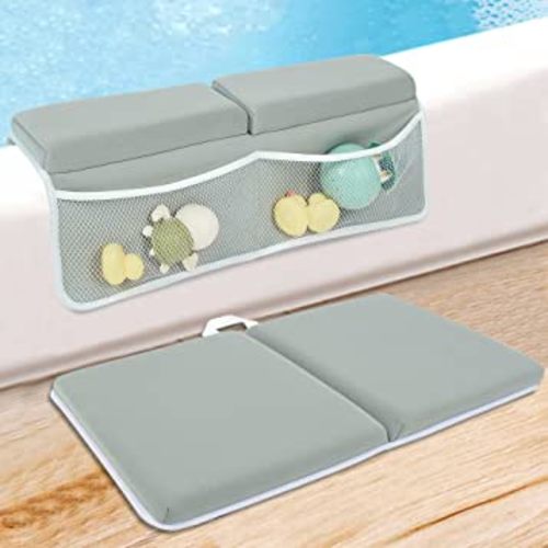 YGLOLRAME Baby Bathtub Bath Kneeler and Elbow Rest Pad with Toy Organizer Pockets Thickened Bath Kneeling Pad for Baby Toddler Bathing Mat Parents Quick Drying, Foldable, Non-Slip Grey
