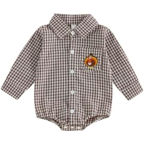 Douhoow Baby Plaid Romper Boys Girls Button Down Bodysuit Long Sleeve Lapel Neck Tops Fall Winter Festival Clothes