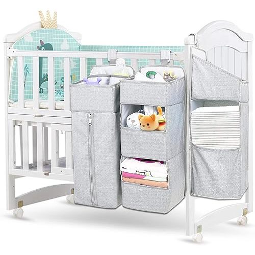 Hanging Diaper Caddy Organizer for Baby Crib - 3-in-1 Diaper Stacker for Changing Table Nursery Organization Storage Holder for Baby Essentials Attachment Portable Combining (Light grey)