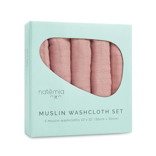 Natemia Muslin Baby Washcloths for Newborn - Premium Wash Cloths for Babies, Super Absorbent and Ultra Soft Rayon Made from Bamboo, 6 Layer Baby Girl and Baby Boy Washcloths, 5 Piece Set