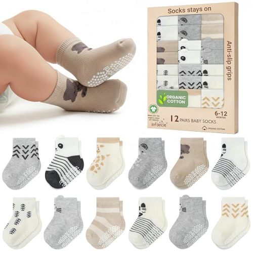 GOTS Certified Organic Cotton Rich Blend Baby Socks 12 Pairs For 6-12 (M) Baby Boy Soft, Stretchable & Comfortable Newborn Premium Cotton Socks Gift for Little Ones, Brown