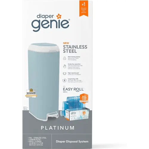 Diaper Genie Platinum Pail (Glacial Blue) is Made in Durable Stainless Steel and Includes 1 Easy Roll Refill with 18 Bags That can Last up to 5 Months.